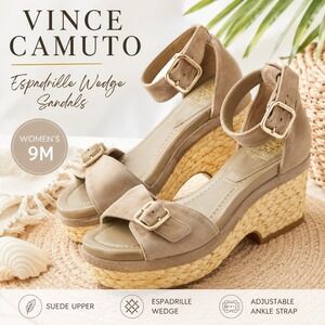 Vince Camuto Suede Espadrille Wedge Sandals Women's 9M Taupe Ankle Strap...